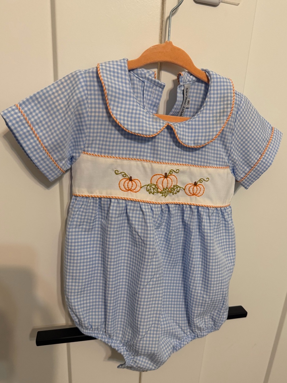 Sweet Dreams Blue Gingham Pumpkin Smocked Embroidered Romper Bodysuit Bubble